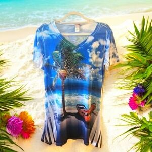 Pretty WOMAN beach Cover Or Top Beaded Tropical Size L PALM TREE